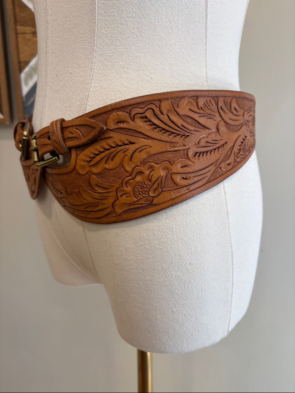 Vintage Ralph Lauren Brown Tooled Leather Cross Double Buckle Belt size Medium - Picture 7 of 16